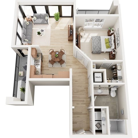 Floor plan for 1 bed, 1 bath, 896 sqft